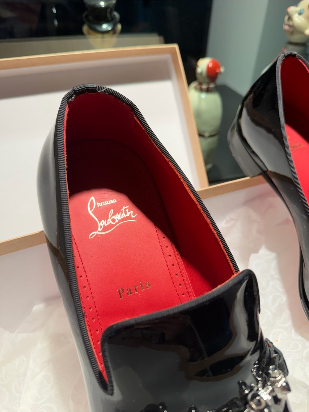 Christian Louboutin Black Patent Red Bottom Silver Chain Loafer - Picture 2 of 8